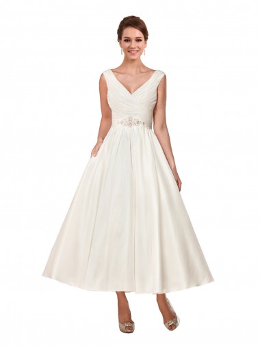 Shop V-Neck A-Line Short Ankle Length Satin Wedding Dress Ottawa