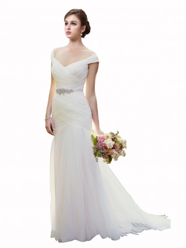 Shop Cap Sleeves Off the Shoulder Ruched Mermaid Tulle Beach Wedding Dress Ottawa