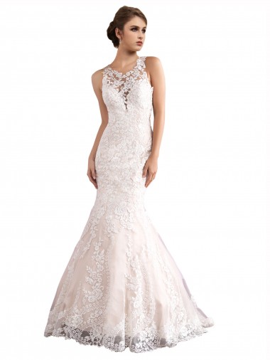 Shop Illusion Neck Fit and Flare Tulle Wedding Dress with All Over Lace Ottawa