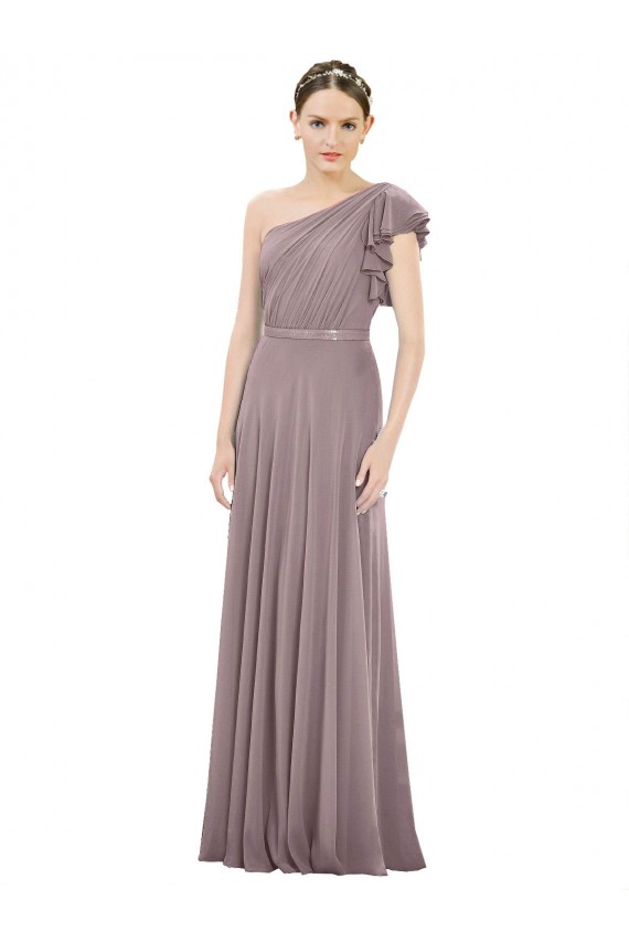 Shop Full Length One Shoulder Chiffon Bridesmaid Dress with Shoulder Ruffle Ottawa