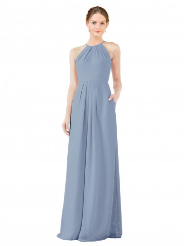 Shop Fitted Long High Halter Neck Chiffon Bridesmaid Dress with Keyhole Back Ottawa