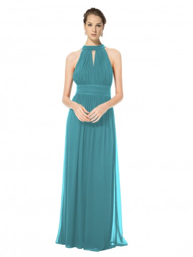Shop Ruched Long Chiffon Halter Bridesmaid Dress with Tie Back and Tails Ottawa