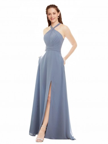 Shop High Neck Chiffon Bridesmaid Dress with Draped Bodice & Pockets Ottawa