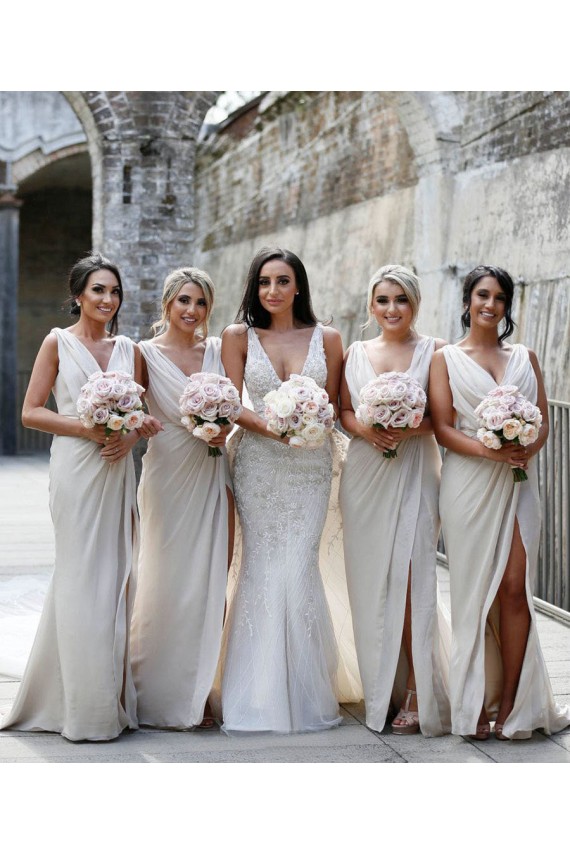 Shop Chiffon Long Champagne Bridesmaid Dress with Sexy High Slit and Front Ruffles Ottawa