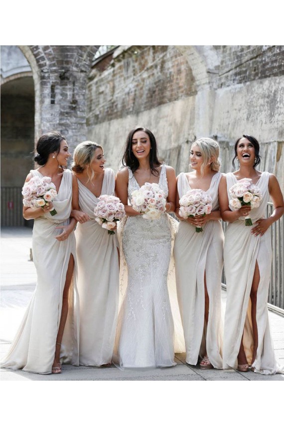 Shop Chiffon Long Champagne Bridesmaid Dress with Sexy High Slit and Front Ruffles Ottawa