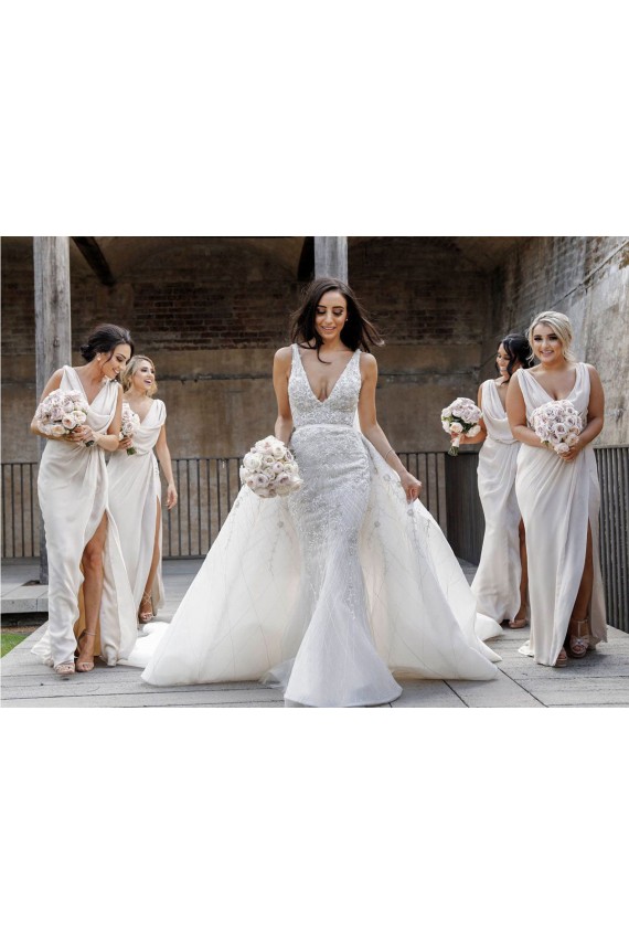 Shop Chiffon Long Champagne Bridesmaid Dress with Sexy High Slit and Front Ruffles Ottawa