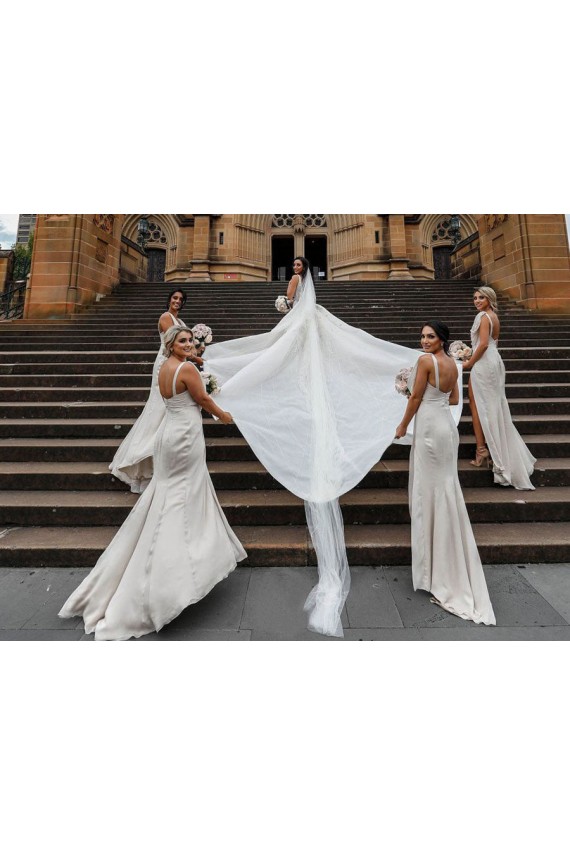 Shop Chiffon Long Champagne Bridesmaid Dress with Sexy High Slit and Front Ruffles Ottawa