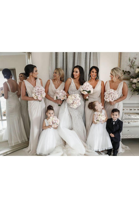 Shop Chiffon Long Champagne Bridesmaid Dress with Sexy High Slit and Front Ruffles Ottawa