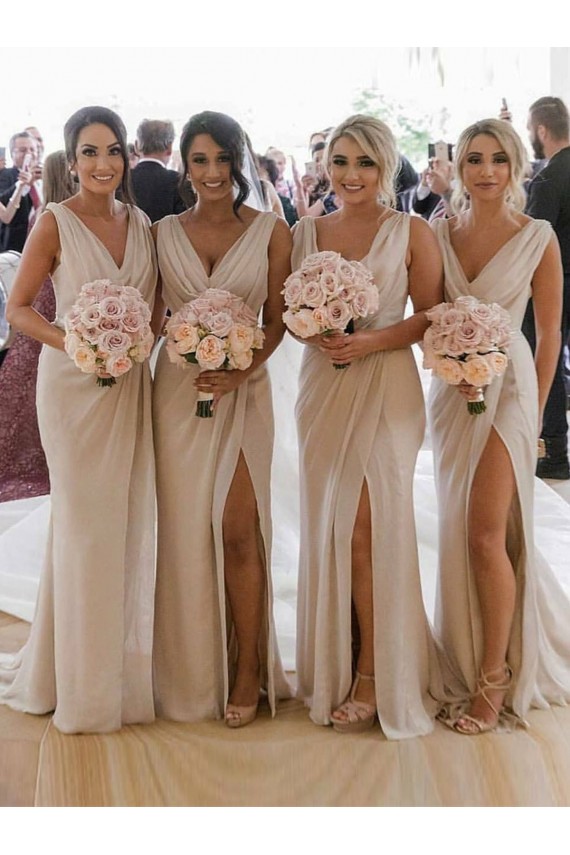 Shop Chiffon Long Champagne Bridesmaid Dress with Sexy High Slit and Front Ruffles Ottawa