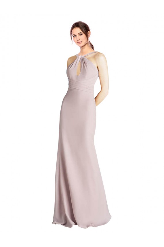 Shop Long Slim Chiffon Bridesmaid Dress with Ruffled Waist and Keyhole Ottawa