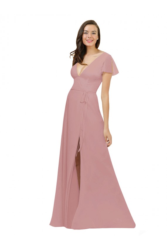 Shop Flutter Sleeves Short Chiffon Bridesmaid Dress with Tie Belt Ottawa