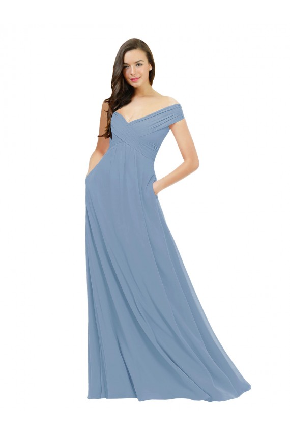 Shop Chiffon Bridesmaid Dress with Classic Off the Shoulder Neckline Ottawa