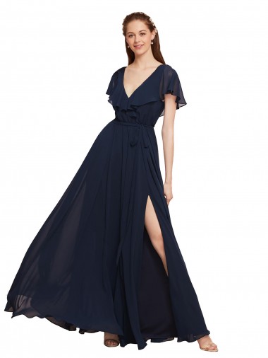 Shop Long V-Neck Chiffon Bridesmaid Dress with Slit and V-Back Ottawa