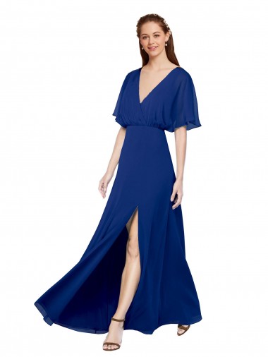 Shop V-Neck Long Chiffon Bridesmaid Dress with Dolman Sleeved Bodice and Slit Ottawa