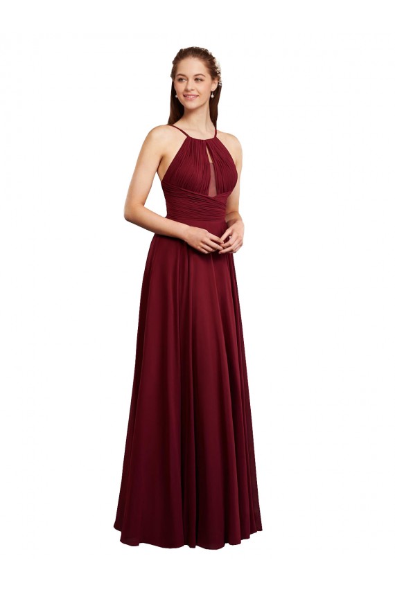 Shop Long A-Line Halter Neck Chiffon Bridesmaid Dress with Draped Bodice Ottawa