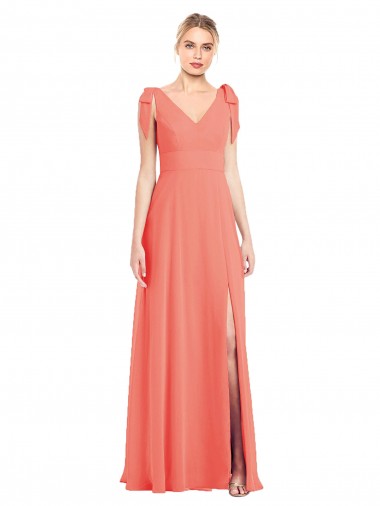 Shop Full Length Bow-Shoulder V-Back Chiffon Bridesmaid Dress with Front Slit Ottawa