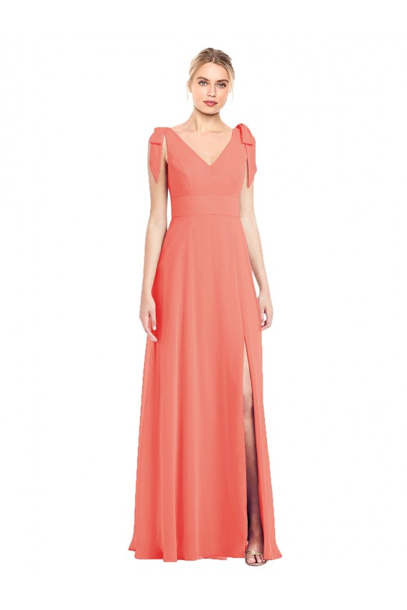 Shop Full Length Bow-Shoulder V-Back Chiffon Bridesmaid Dress with Front Slit Ottawa