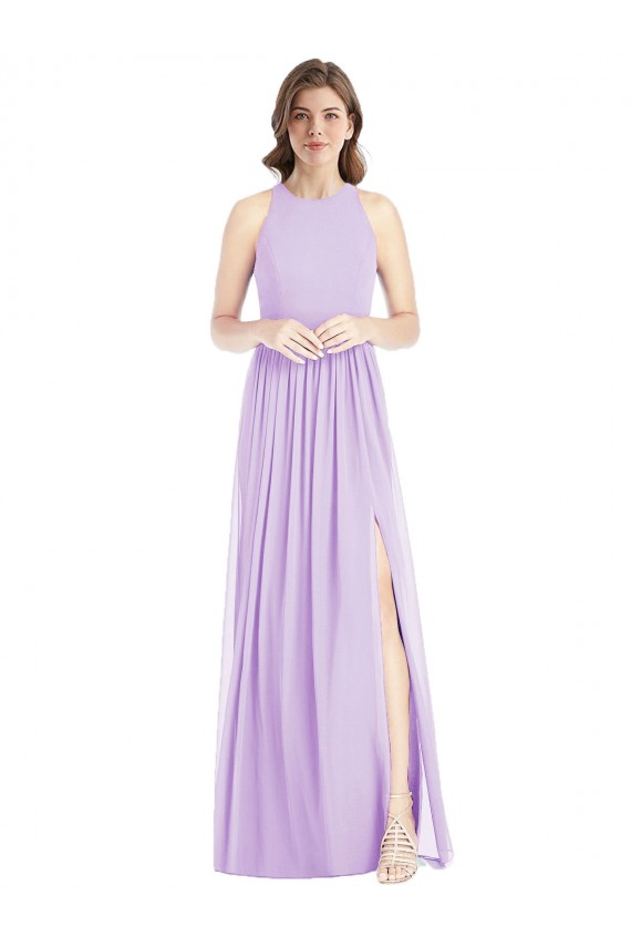 Shop Shirred Skirt Jewel Neck Halter Chiffon Bridesmaid Dress with Front Slit Ottawa