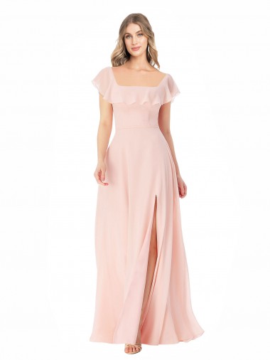 Shop Flutter Cap Sleeves Square Neck Ruffle Chiffon Bridesmaid Dress with Pockets Ottawa