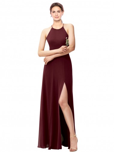 Shop Slim Long High Halter Neck Chiffon Bridesmaid Dress with High Side Slit Ottawa