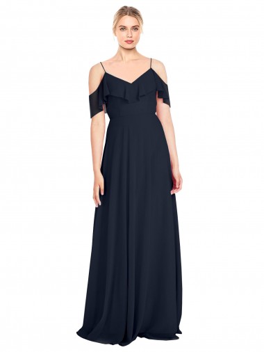 Shop Draped Sleeves Flounce Neckline Long Chiffon Bridesmaid Dress with Spaghetti Straps Ottawa
