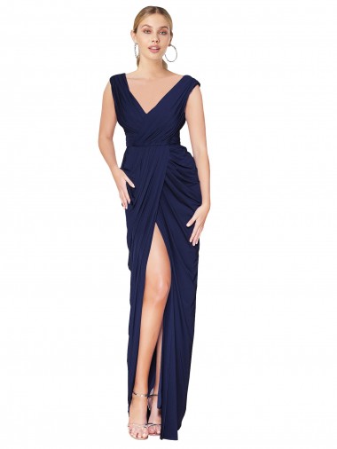 Shop Draped V-Neck Long Chiffon Bridesmaid Dress / Formal Prom Dress with Front Slit Ottawa