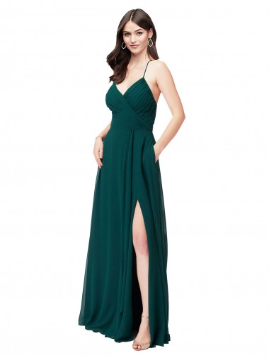 Shop Chiffon Bridesmaid Dress with Draped Surplice Bodice & Pockets Ottawa