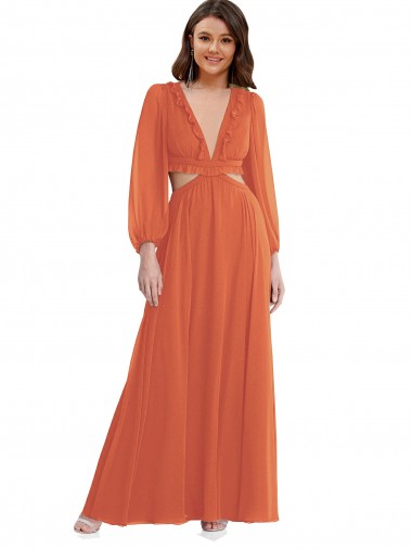 Shop High Low Ruffled Long Chiffon Cutout Bishop Sleeves Maxi Bridesmaid Dress Ottawa