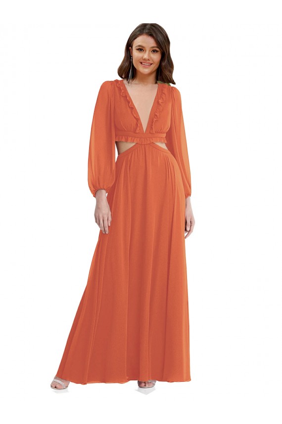 Shop High Low Ruffled Long Chiffon Cutout Bishop Sleeves Maxi Bridesmaid Dress Ottawa
