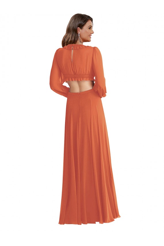 Shop High Low Ruffled Long Chiffon Cutout Bishop Sleeves Maxi Bridesmaid Dress Ottawa