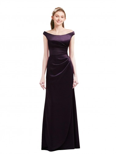 Shop Off The Shoulder Long Satin Bridesmaid Dress with Asymmetrical Pleated Bodice Ottawa