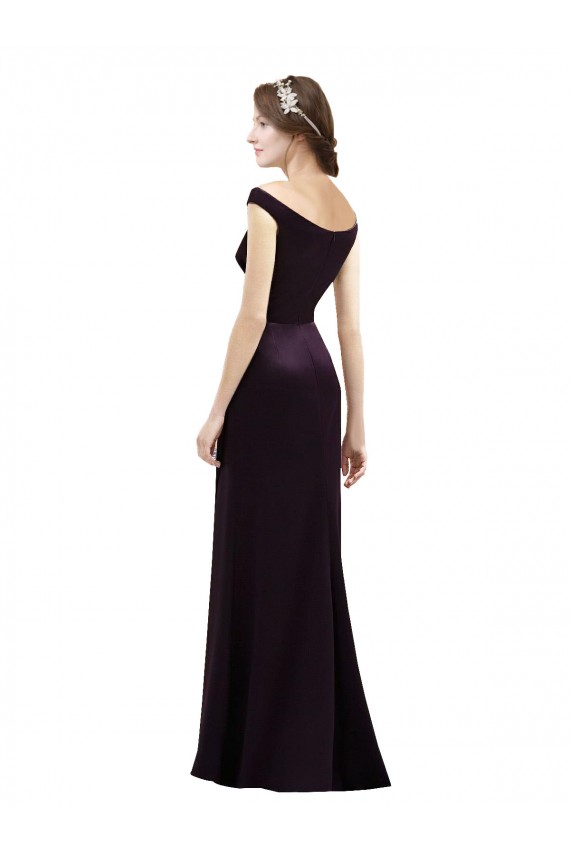 Shop Off The Shoulder Long Satin Bridesmaid Dress with Asymmetrical Pleated Bodice Ottawa