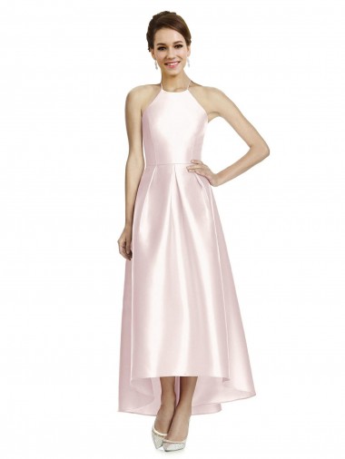 Shop Long High-Low Halter Satin Bridesmaid Dress with Criss-Cross Back Ottawa