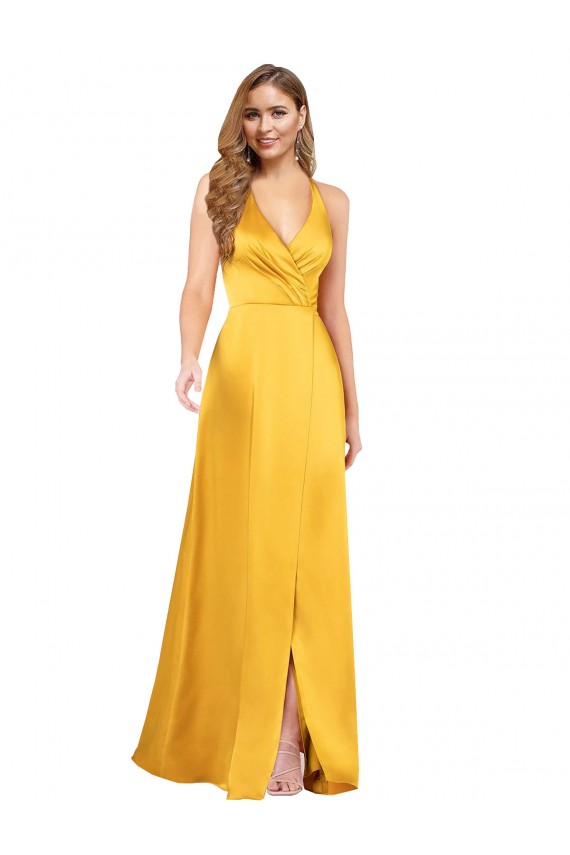 Shop Halter A-Line Formal Silky Satin Bridesmaid Dress / Prom Dress with V-Neckline and Slit Ottawa