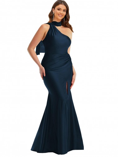 Shop Scarf Neck One Shoulder Formal Silky Satin Mermaid Bridesmaid Dress / Prom Dress with Front Slit Ottawa