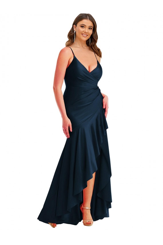 Shop Pleated Wrap Ruffled High Low Formal Silky Satin Bridesmaid Dress / Prom Dress Ottawa