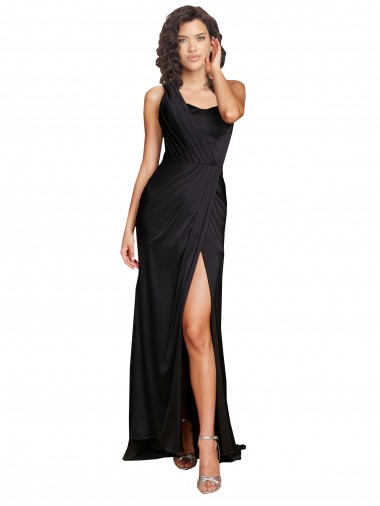Shop Full Length One Shoulder Ruffled Long Formal Silky Satin Bridesmaid Dress / Prom Dress with High Slit Ottawa