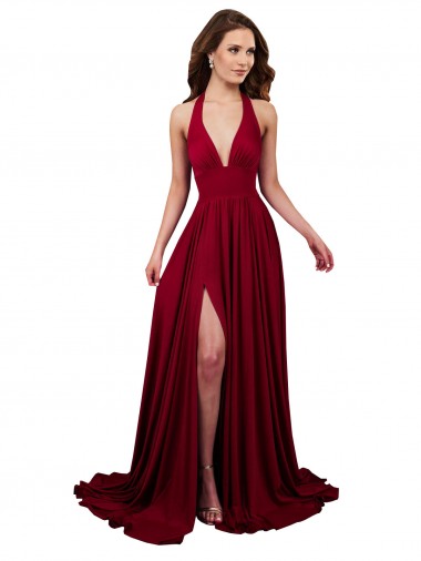 Shop A-Line Halter Plunge V-Neckline Open Back Formal Spandex Bridesmaid Dress / Prom Dress with Slit Ottawa