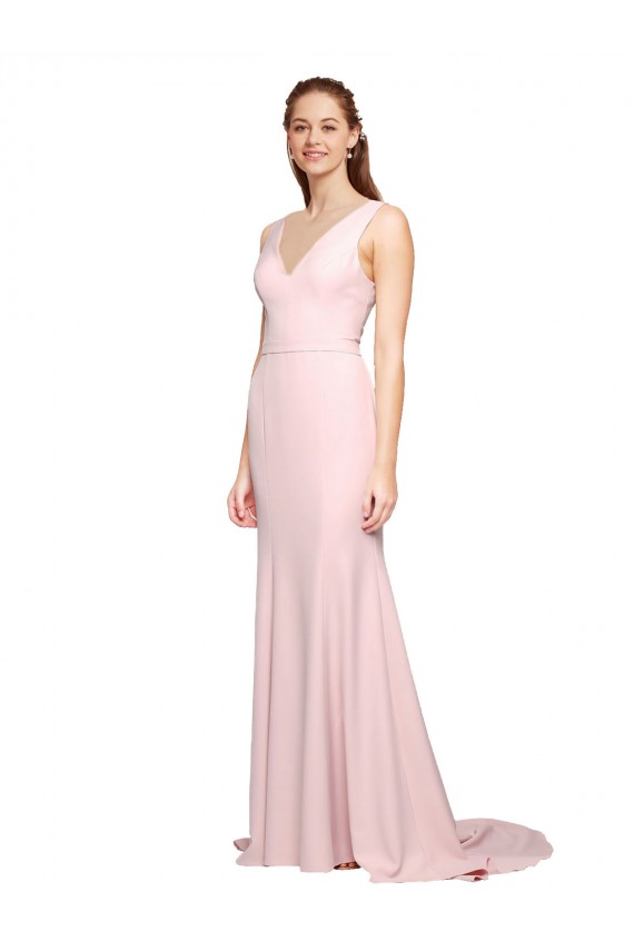 Shop Deep V-Neckline and Back Long Sweep Train Crepe Bridesmaid Dress / Prom Dress with Shoulder Straps Ottawa