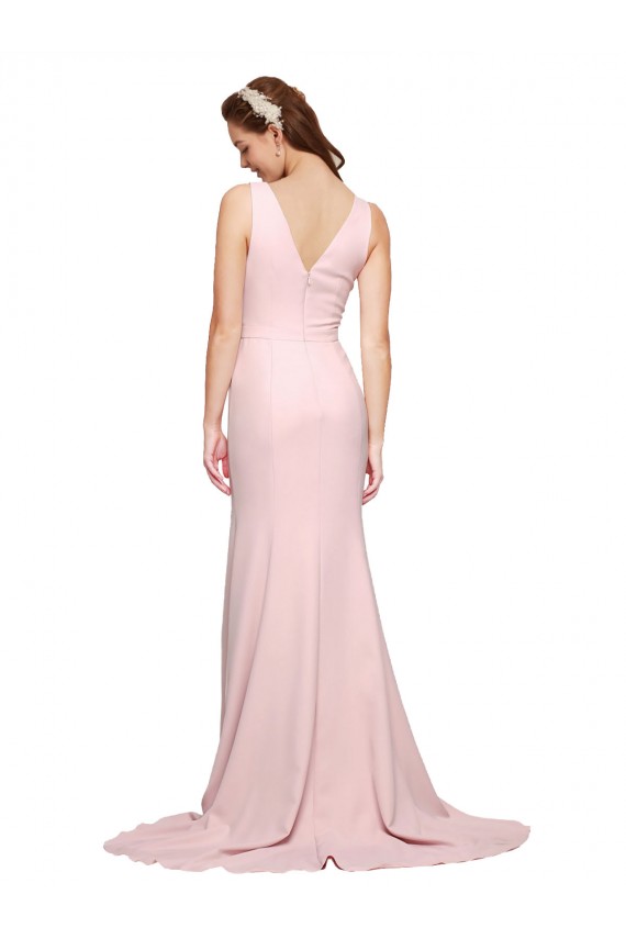Shop Deep V-Neckline and Back Long Sweep Train Crepe Bridesmaid Dress / Prom Dress with Shoulder Straps Ottawa