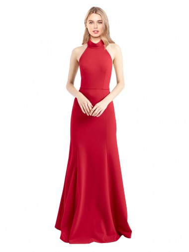 Shop Sleek Fit and Flare High Neck Halter Stretch Formal Crepe Bridesmaid Dress / Prom Dress with Open Back Ottawa