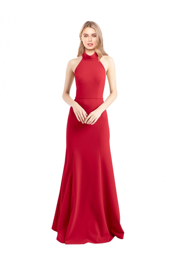 Shop Sleek Fit and Flare High Neck Halter Stretch Formal Crepe Bridesmaid Dress / Prom Dress with Open Back Ottawa
