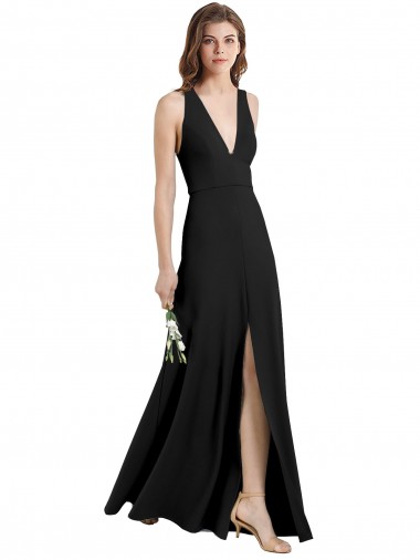 Shop Sleek Halter V-Neck Long A-Line Stretch Formal Crepe Bridesmaid Dress / Prom Dress with Front Slit Ottawa