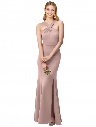 Shop Long Floor Length High Neck Fit and Flare Stretch Crepe Bridesmaid Dress / Prom Dress with Side Slit Ottawa