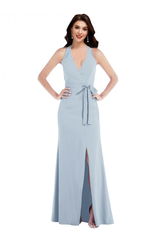 Shop Open Back Halter Maxi Formal Crepe Bridesmaid Dress / Prom Dress with Draped Bow Ottawa