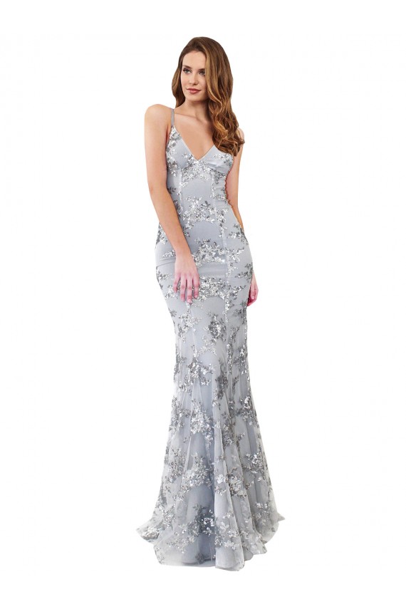 Shop Silver V-Neckline Backless Floral Patterned Sequin Formal Bridesmaid Dress / Prom Dress Ottawa