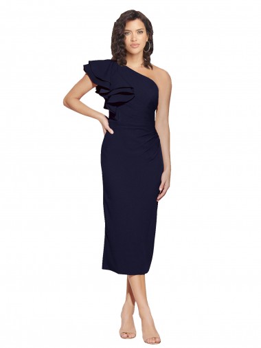 Shop Ruched Midi Length Short Cocktail Formal Crepe Bridesmaid Dress / Prom Dress with Shoulder Ruffles Ottawa