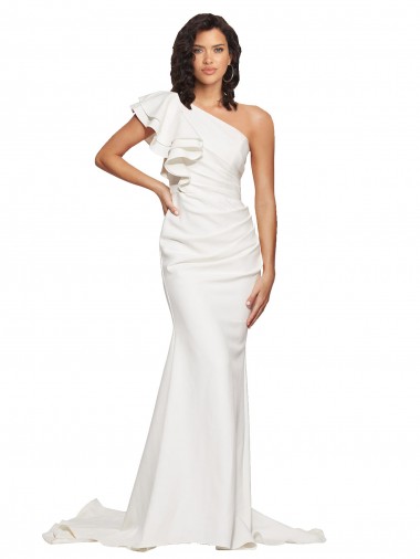 Shop Ruched Long Sweep Train Crepe Bridesmaid Dress / Prom Dress with Shoulder Ruffles Ottawa