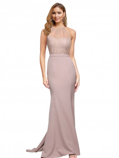 Shop Long Sweetheart Formal Crepe Bridesmaid Dress / Prom Dress with High Neck Illusion Tulle Details Ottawa