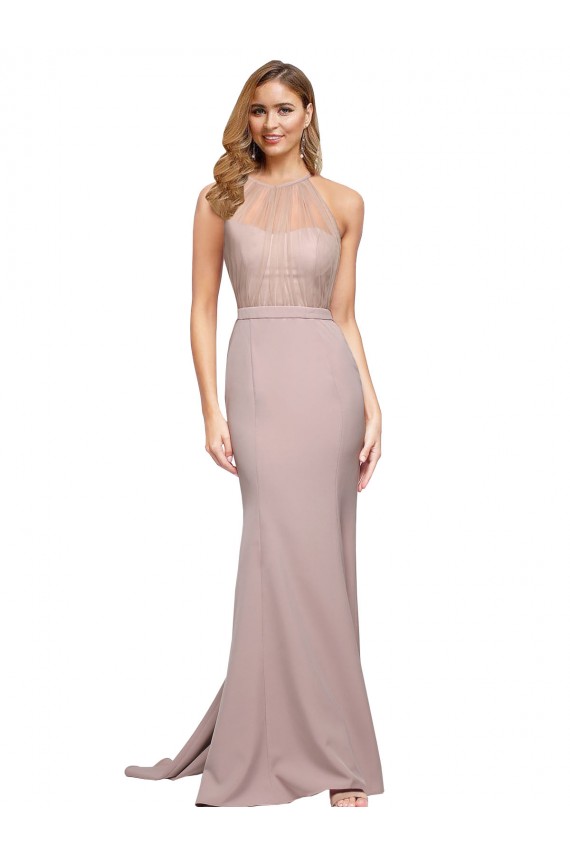 Shop Long Sweetheart Formal Crepe Bridesmaid Dress / Prom Dress with High Neck Illusion Tulle Details Ottawa